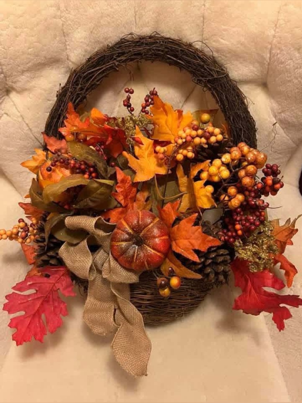 Autumn Pumpkin & Berry Grapevine Basket Wreath - Orange, Red, Yellow